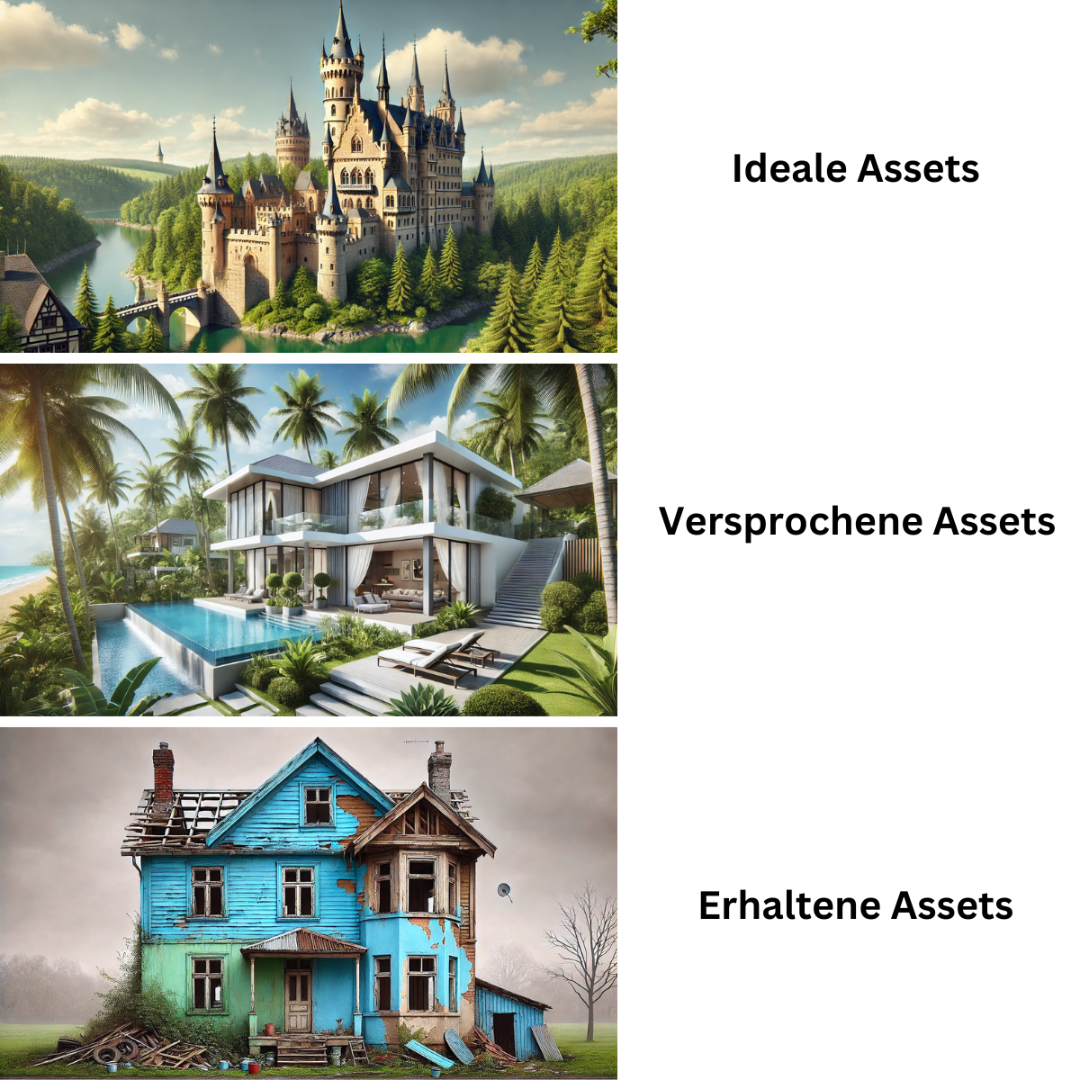 Ein Bild das veranschaulicht, welche Assets sich eine Marketer wünscht, welche vom Klienten versprochen werden und welche er schlussendlich erhält. Anschaulich humoristisch dargestellt mit einem Schloss, einer Villa und einem abbruchreifen Haus.