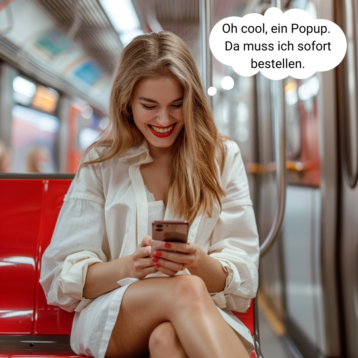 Eine Dame sitzend in der U-Bahn, die auf Ihr Smartphone schaut und lacht. Sie denkt sich: Oh cool, ein Popup! Da muss ich gleich bestellen!